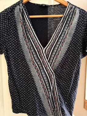 Lucky Brand Navy Short-Sleeve Printed Wrap-Style Top with Floral Trim